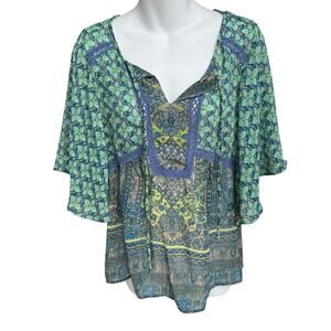 Fig & Flower Anthropologie Boho Top Womens Medium Green Blue Tunic Hippie Blouse